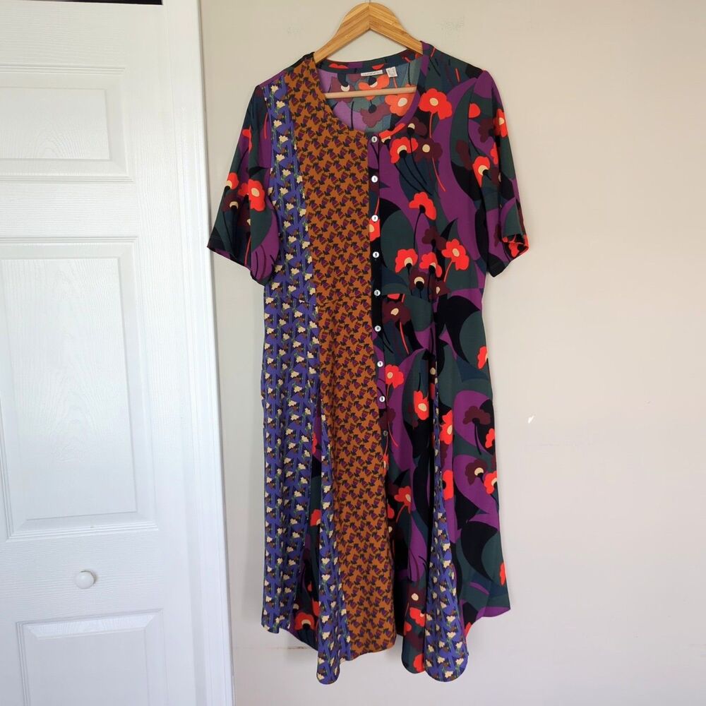LOGO Lori Goldstein Patchwork Fit & Flare Button Down Midi Dress Medium Boho